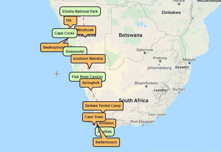 Kalahari to Cape Town motorcycle tour Tales from Africa Travel Map